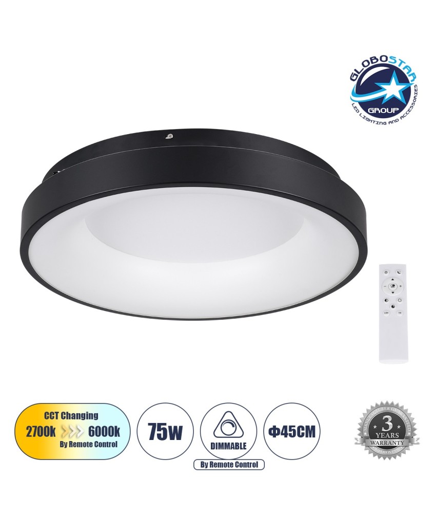GLOBOSTAR® SALEM 61233 Μοντέρνο Φωτιστικό Οροφής LED 75W 8625lm 120° AC 220-240V IP20 Ρυθμιζόμενο Λευκό CCT με Χειριστήριο από 2700K έως 6000K Dimmable - Lumileds SMD Chip - Μαύρο Ματ - Μ45 x Π45 x Υ8.5cm - 3 Χρόνια Εγγύηση